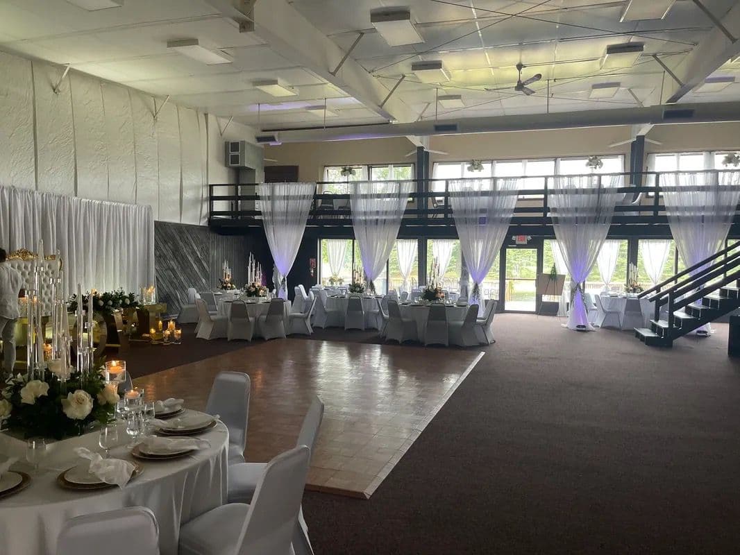 The banquet hall set for a wedding reception